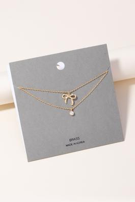 Ribbon Bow And Rhinestone Charm Layered Chain Necklace