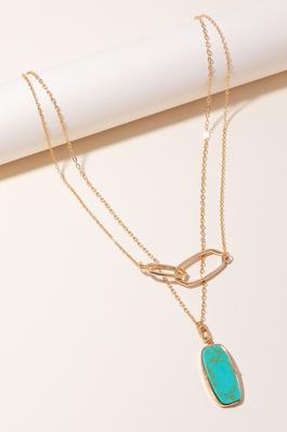 Oval Hoop And Stone Pendant Layered Chain Necklace