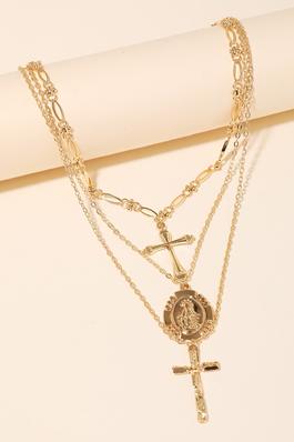 Layered Metallic Cross Pendant Necklace