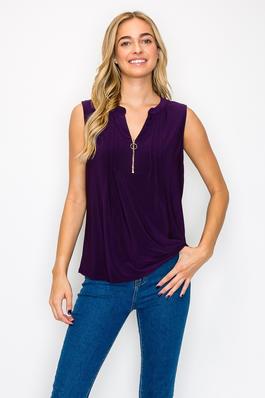 O Ring Zip Placket Pleated Shoulder Sleeveless Top