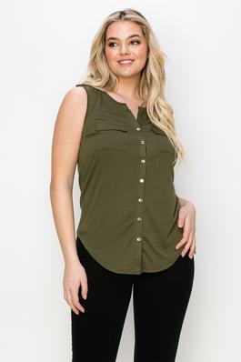 Solid Button Down Flap Pocket Sleeveless Knit Tank