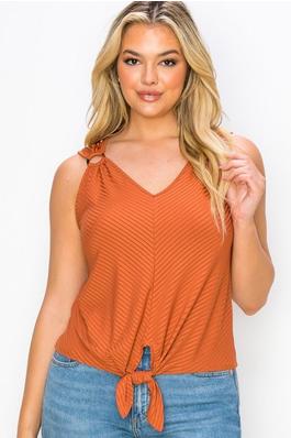 O-Ring Shoulder Mitered Rib Tie Front Casual Top