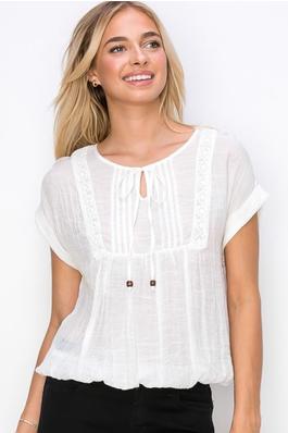Keyhole Tie Neck Pintuck Front Peasant Blouse