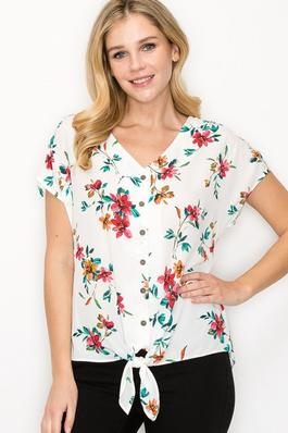 Printed Button Down Front V Neck Casual Blouse