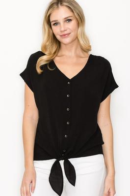 V Neck Dolman Sleeve Front Tie Woven Blouse