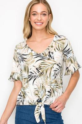 Ruffle Short Sleeve Tie Front Printed Blouse