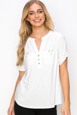 Button Half Placket Roll Tab Sleeve Utility Top