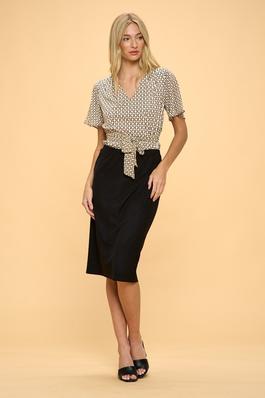 MIX MEDIA VNECK TIE WAIST WITH SMOCKING BLOUSE