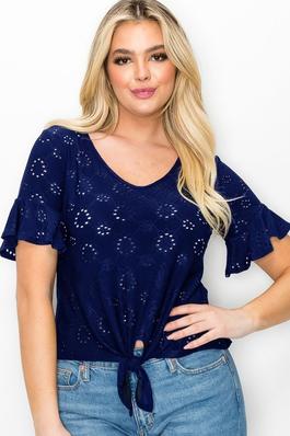 V Neck Ruffle Sleeves Front Tie Eyelet Knit Top