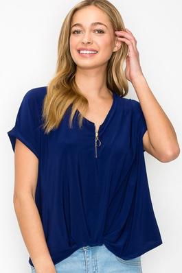 O ring Zip Placket Dolman Sleeve Knot Front Top