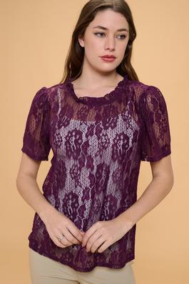 LACE PUFF RUFFLE NECK PEASANT TOP