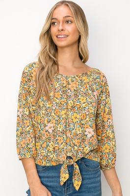 Printed Balloon Sleeve Tie Front Blouse