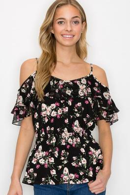 Printed Ruffle Cold Shoulder Smocked Waist Blouse