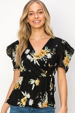 Printed V Neck Puff Short Sleeve Wrap Top