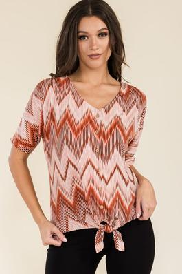 Printed Ruffle Short Sleeve Tie Front Knit Blouse