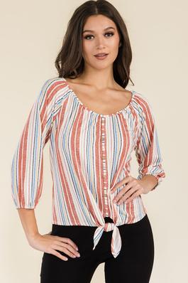 Printed Ruffle Short Sleeve Tie Front Knit Blouse