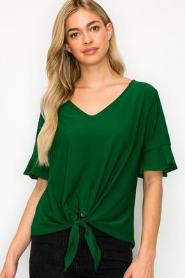 Ruffle Short Sleeve Tie Front Solid Blouse
