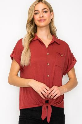 Collar Neck Button Down Tie Front Pocket Knit Top