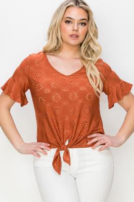 V Neck Ruffle Sleeves Front Tie Eyelet Knit Top