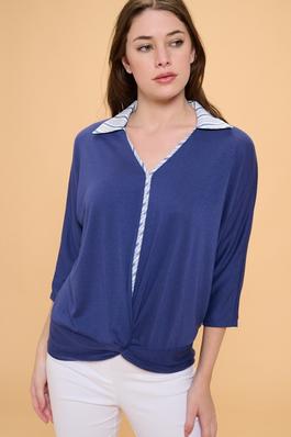 PIPPING VNECK COLLAR KNOT FRONT SHIRT TOP