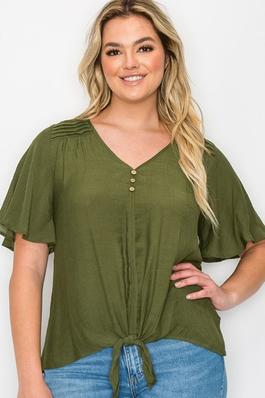 Pleated Shoulder Button Down Tie Front Woven Top