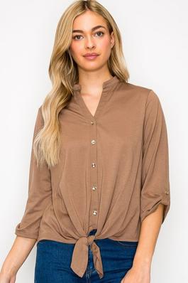 V Neck Button Down 3 4 Sleeve Tie Front Blouse