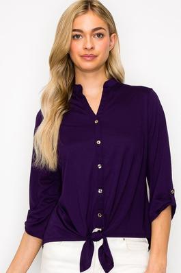 V Neck Button Down 3 4 Sleeve Tie Front Blouse
