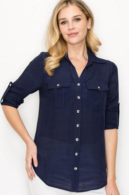 Cool Roll Tab Sleeve Button Front Woven Shirt