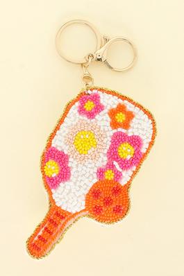FLORAL PICKLE BALL SEED BEAD KEYCHAIN