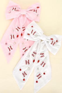 BASEBALL EMBROIDERED BOW BARRETTE HAIR CLIP