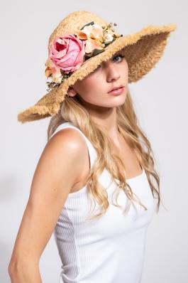 FLORAL FLAT WIDE BRIM STRAW HAT WITH FRAY EDGES