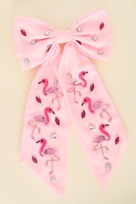 PINK FLAMINGO JEWELED BOW BARRETTE HAIR CLIP