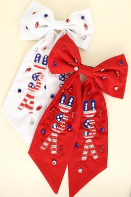 PATRIOTIC USA EMBROIDERED BOW BARRETTE HAIR CLIP