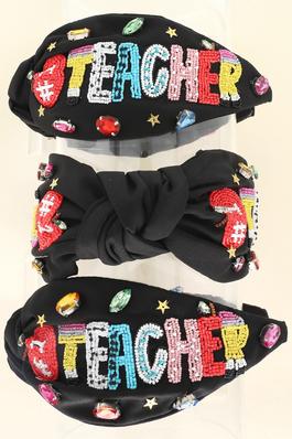 NUMBER 1 TEACHER EMBROIDERED TOP KNOTTED HEADBAND