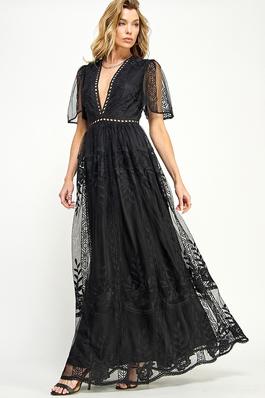 FLORAL TEXTURED EYELET DETAILED LACE DRESS