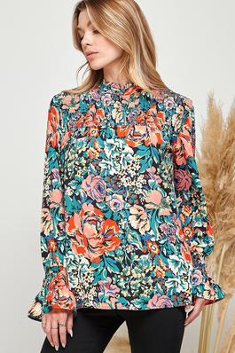 FLORAL PRINT PLEATED HIGH NECK PEASANT SLEEVE TOP