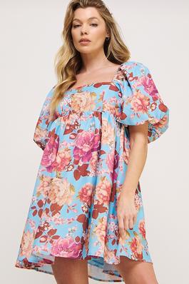 CONTRAST FLORAL PRINT PUFF SLEEVE DRESS