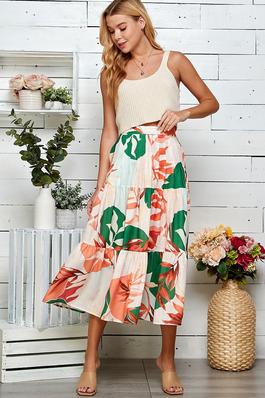 MULTI FLORAL PRINT TITERED AND RUFFLED SKIRT