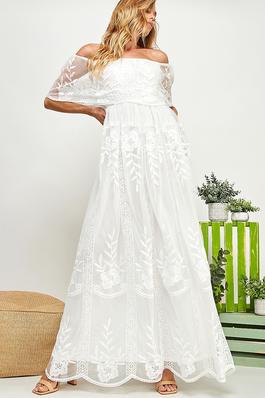 LAYERED OFF SHOULDER LACE MAXI DRESS
