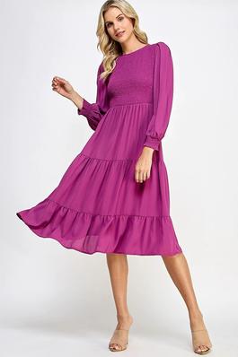 SOLID WOVEN SHIRRED CHEST SMOCKED TIER MIDI DRESS
