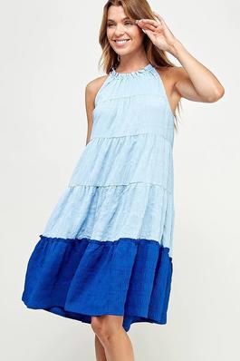 TEXTURE WOVEN COLOR BLOCK TIERED SWING MINI DRESS
