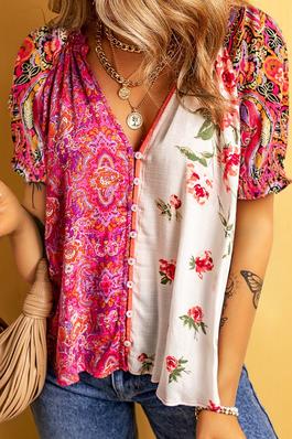 BOHO FLORAL PRINT WOVEN BUTTONED BLOUSE TOP