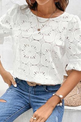SOLID FLOWER EYELET JACQUARD CASUAL BLOUSE TOP