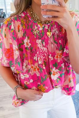 FLORAL PRINTED WOVEN SMOCKED BLOUSE TOP