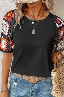 SOLID JERSEY AND FLORAL CROCHET SLEEVE CASUAL TOP