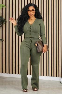 Solid Knitted Long Sleeve Top & Pants 2-piece Casual Set