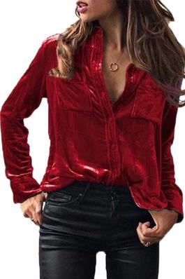 Solid Velvet Long Sleeve Buttoned Up Blouse Top