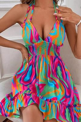 Multi Color Deep V-Neck Halter Elastic Waist Backless Pleated Short Party Dress