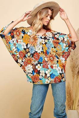 PLUS SIZE FLORAL PRINT ALL OVER LOOSE DOLMAN TOP