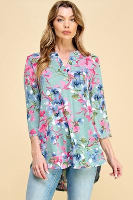 WOMEN FLORAL STAND COLLAR LOOSE FIT TUNIC TOP